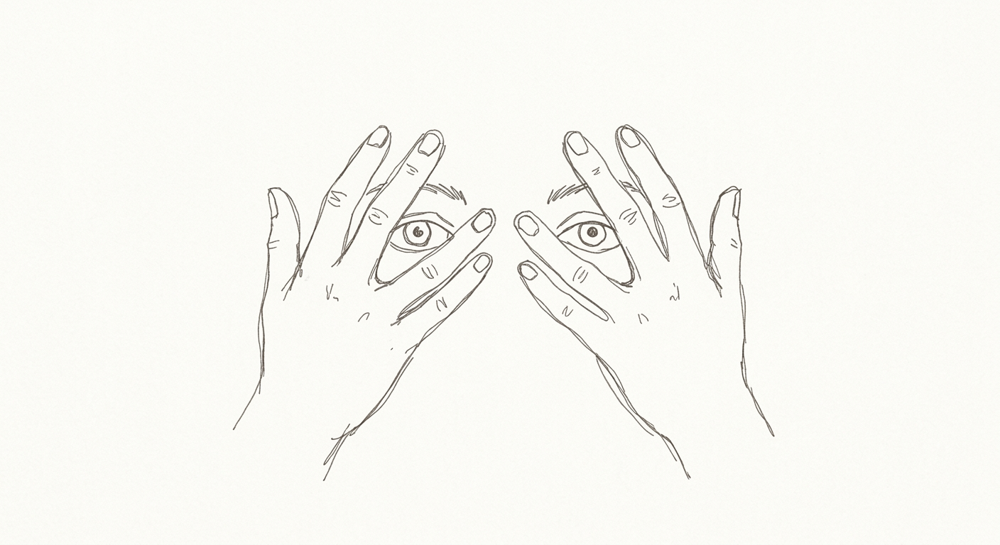 Hand-drawn hands covering a face, one eye peeking through