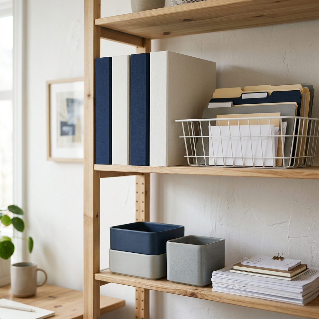 Navy and linen binders, a wire file basket and ceramic boxes on a pale wood shelf. Generated illustration.